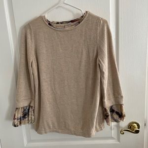 Tan scoop neck sweater with pattern trim